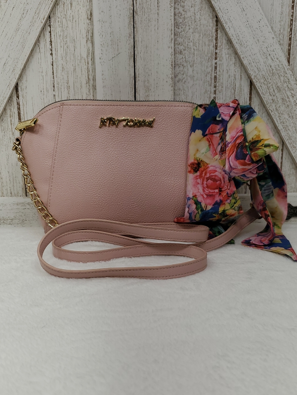 Betsey Johnson Light Blush Pink Crossbody Purse with Floral Scarf & Chain Strap